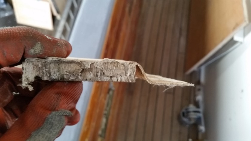 This is a cutout of the gunnel (upper hull) showing a layer of fiberglass on top of balsa squares.