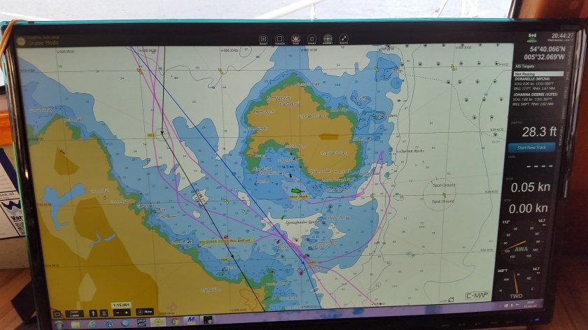 Chart showing us driving around Copeland Island looking for a less windy place to anchor